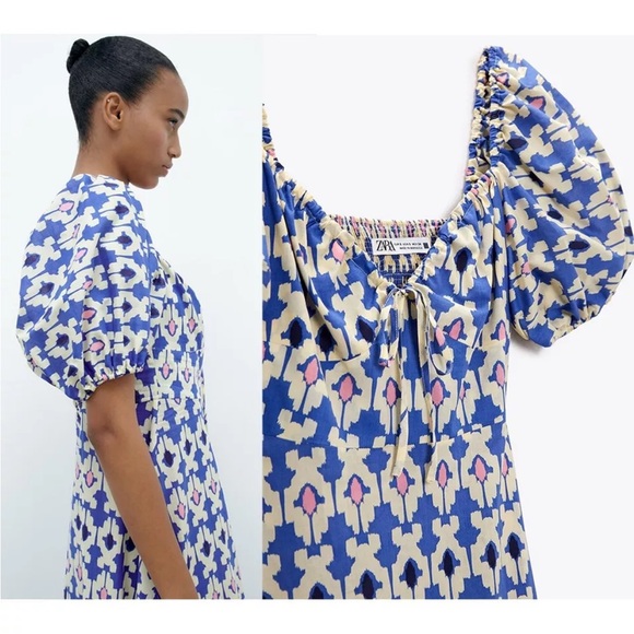 Zara Ikat Maxi Tiered Dress, Ivory Blue Black Pink size Large - Picture 7 of 17